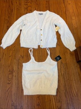 Absolutely Famous Soft White Fuzzy Cardigan & Cami Set